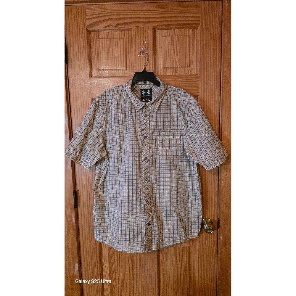 Under Armour Mens XXL Yellow Blue Plaid Short Sleeve Button Down Cotton Shirt